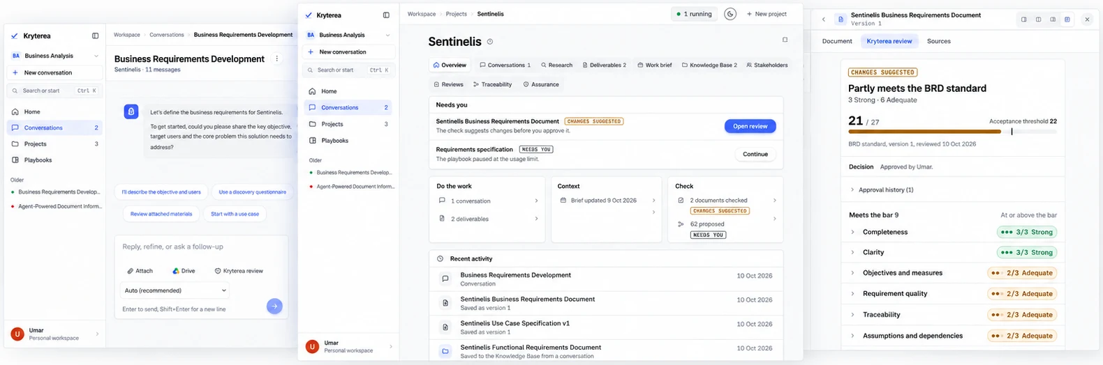 Kryterea screens from one project: a business requirements conversation, the project overview with documents that need review, and the review of a business requirements document against its standard.