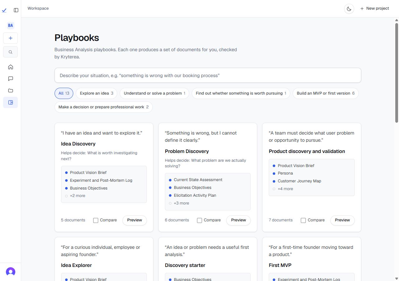 Kryterea staging playbook library with Idea Discovery, Problem Discovery, and Product Discovery options and their document lists.