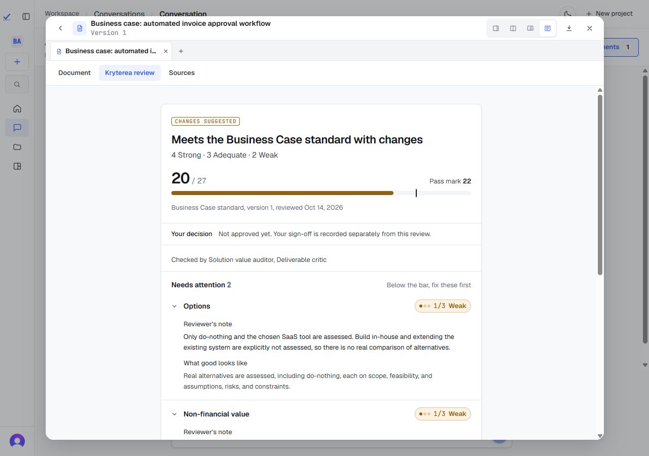 Kryterea review of an illustrative business case showing Changes suggested, a score of 20 out of 27 below a pass mark of 22, and two weak criteria.